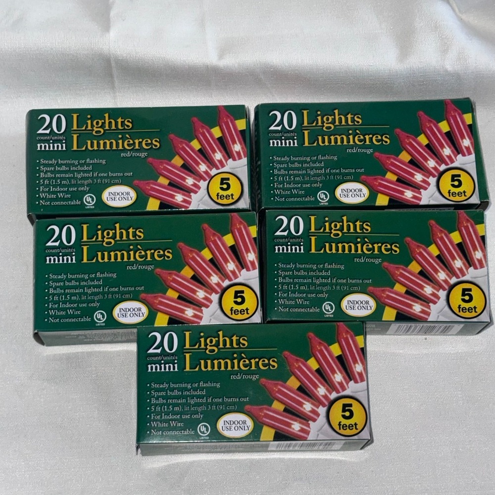 5 Pack Mini Christmas Lights 20 RED Bulbs HOLIDAY DECOR Green Wire 5 Feet